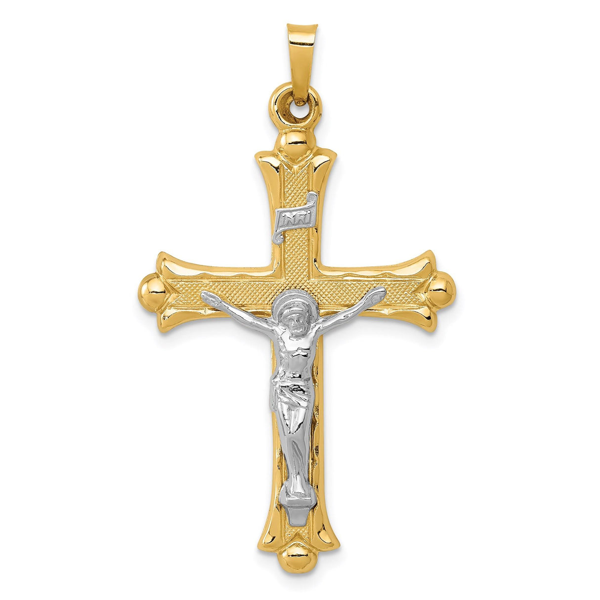 14k Multi-Tone Gold Crucifix Cross Pendant with INRI and Fleur de Lis Detailing