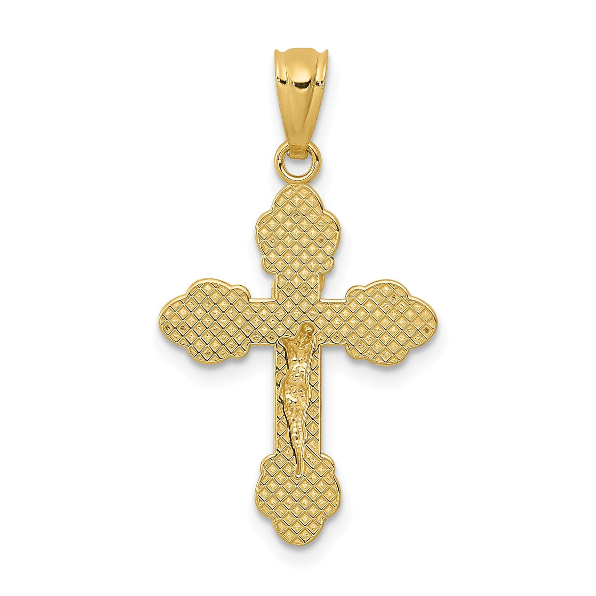 14k Yellow Gold Crucifix Pendant with INRI Jesus Cross and Fleur de Lis Details
