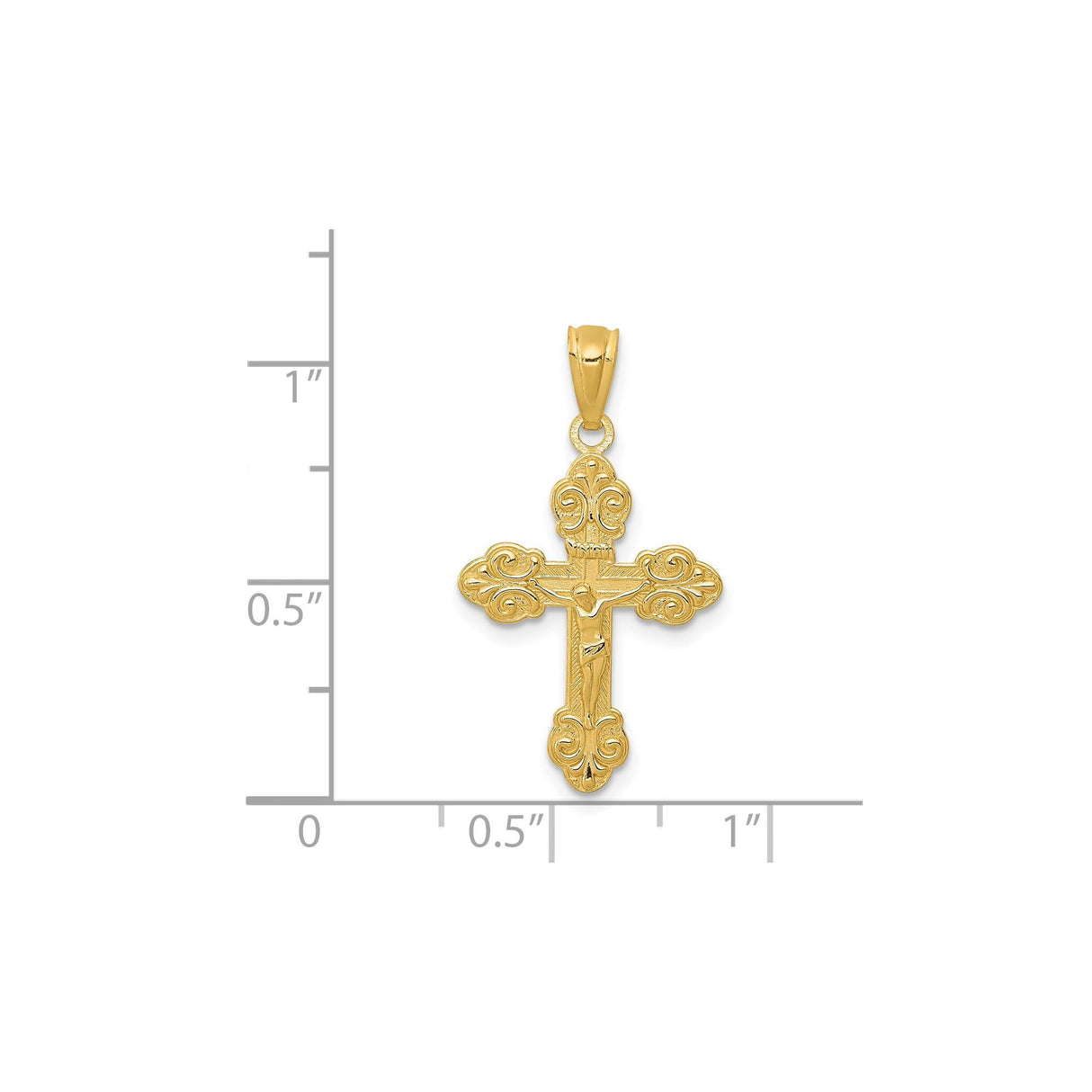 14k Yellow Gold Crucifix Pendant with INRI Jesus Cross and Fleur de Lis Details
