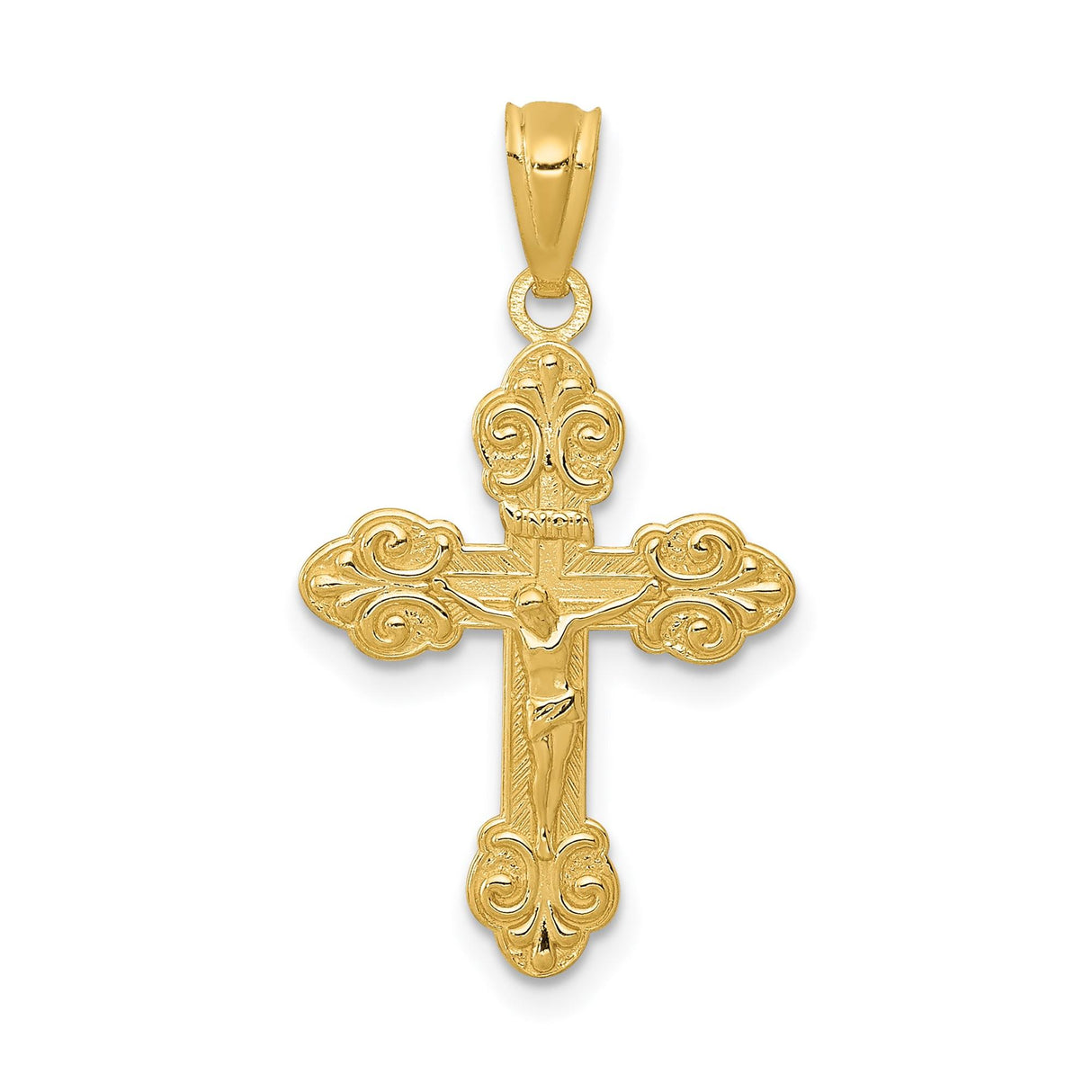 14k Yellow Gold Crucifix Pendant with INRI Jesus Cross and Fleur de Lis Details