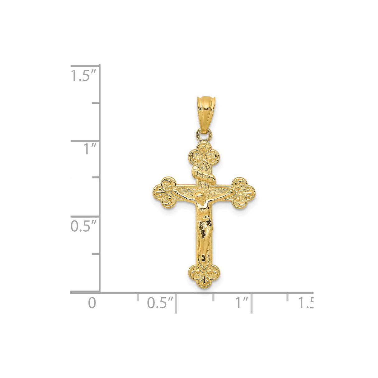 14k Yellow Gold Crucifix Pendant with INRI Charm and Detailed Christ Figure on Trefoil Cross
