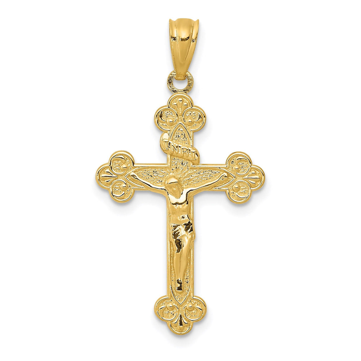 14k Yellow Gold Crucifix Pendant with INRI Charm and Detailed Christ Figure on Trefoil Cross