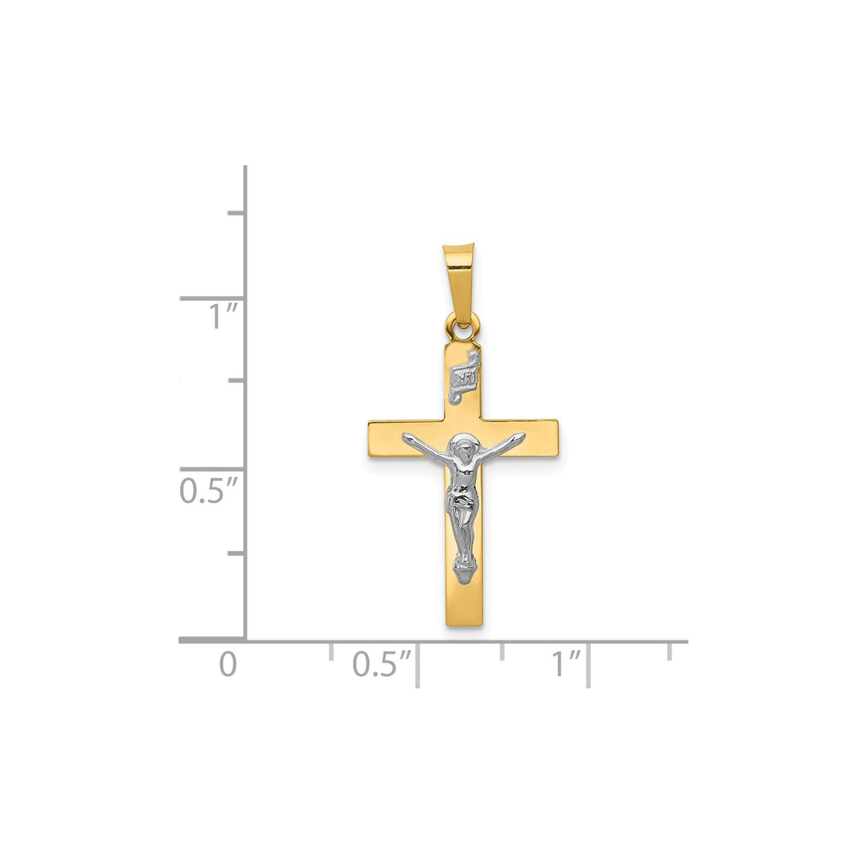 14k Multi-Tone Gold Crucifix Pendant with INRI and Jesus Figure, Polished Latin Cross Design