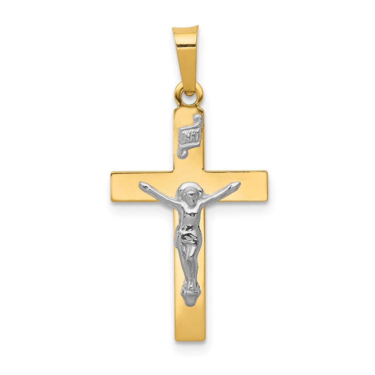 14k Multi-Tone Gold Crucifix Pendant with INRI and Jesus Figure, Polished Latin Cross Design