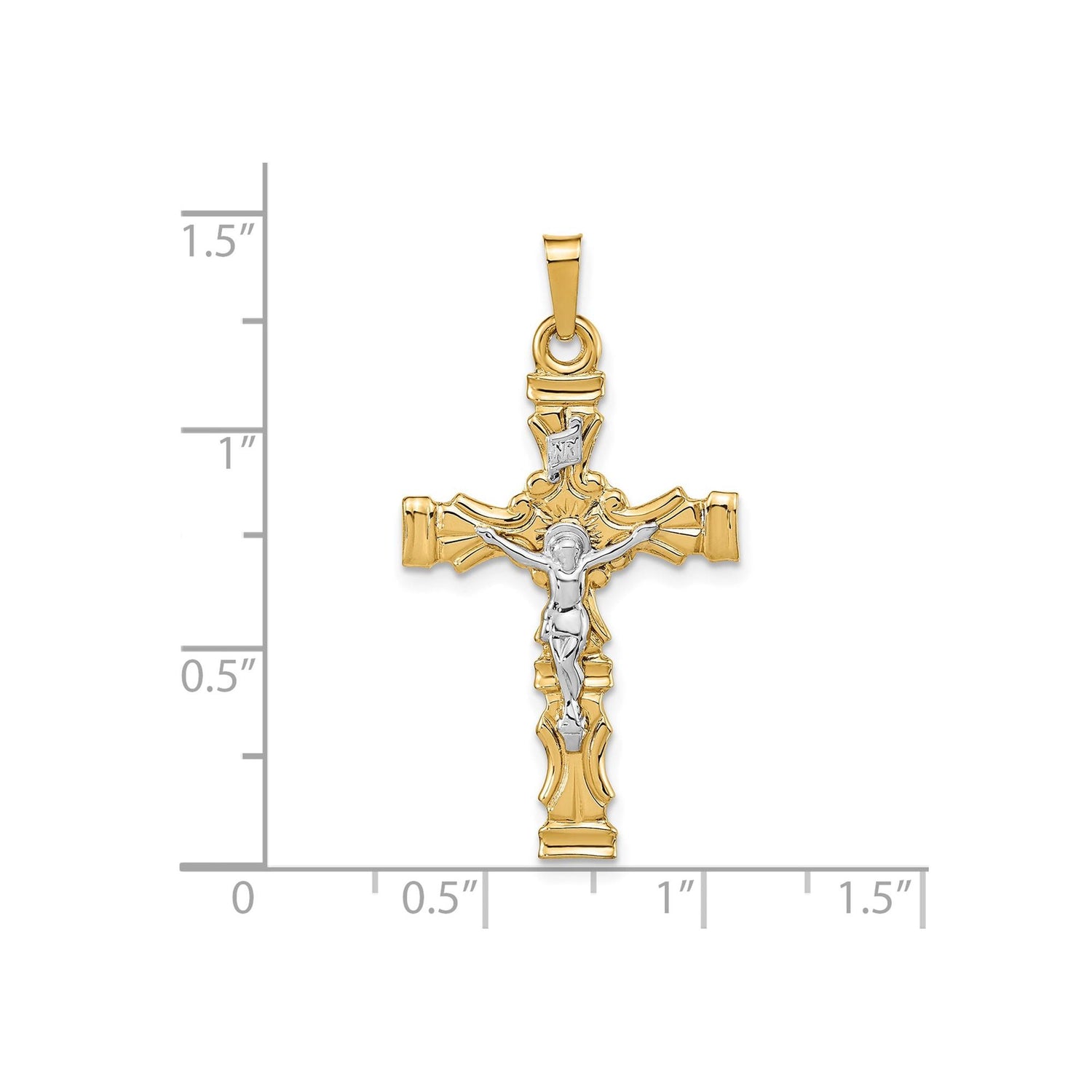 14k Two-Tone Gold Crucifix Cross Pendant with INRI Inscription Latin Design