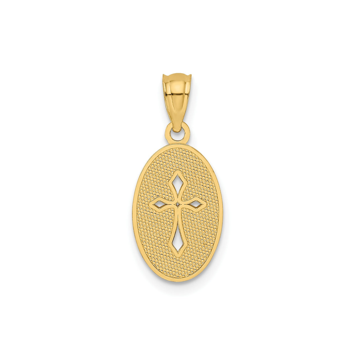 14k Yellow Gold Oval Cross Pendant with Beaded Border and Cutout Design