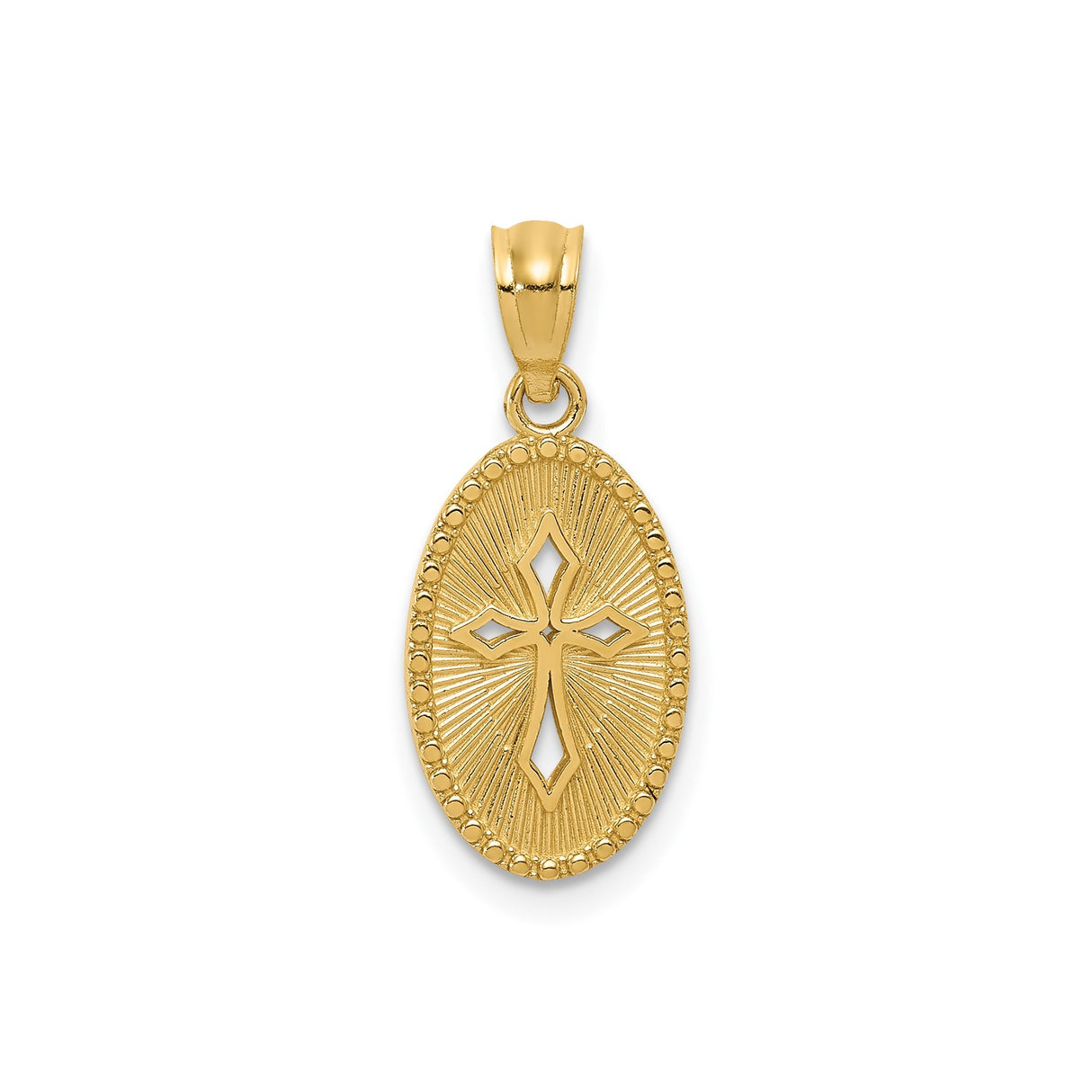 14k Yellow Gold Oval Cross Pendant with Beaded Border and Cutout Design