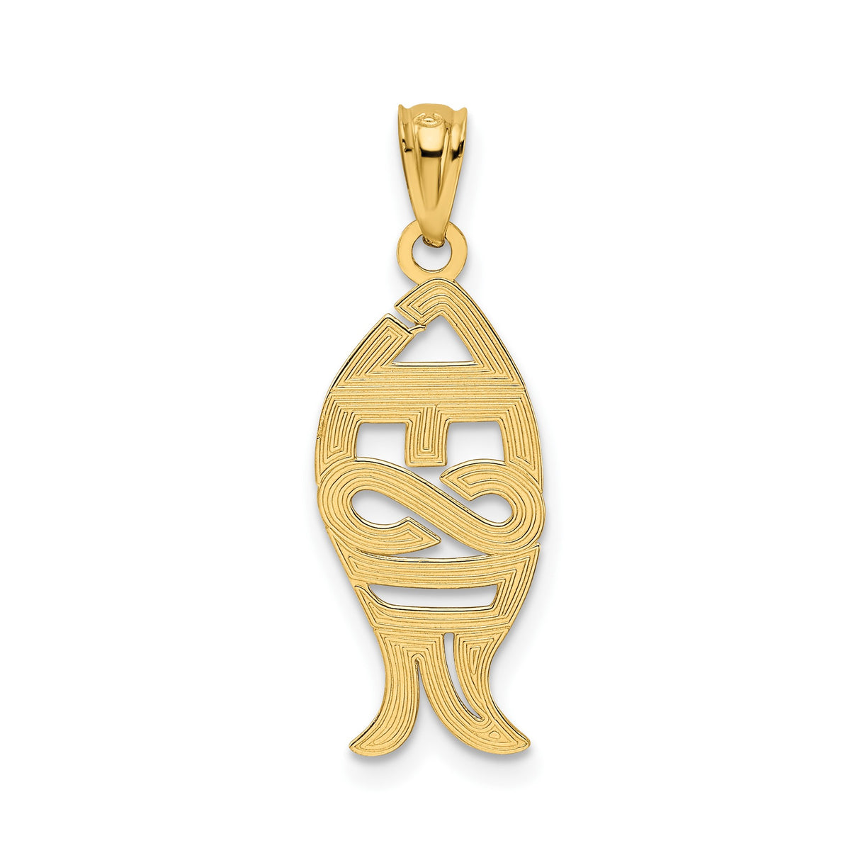 14k Yellow Gold Jesus Fish Pendant, Christian Ichthys Symbol with Stylized JESUS Design