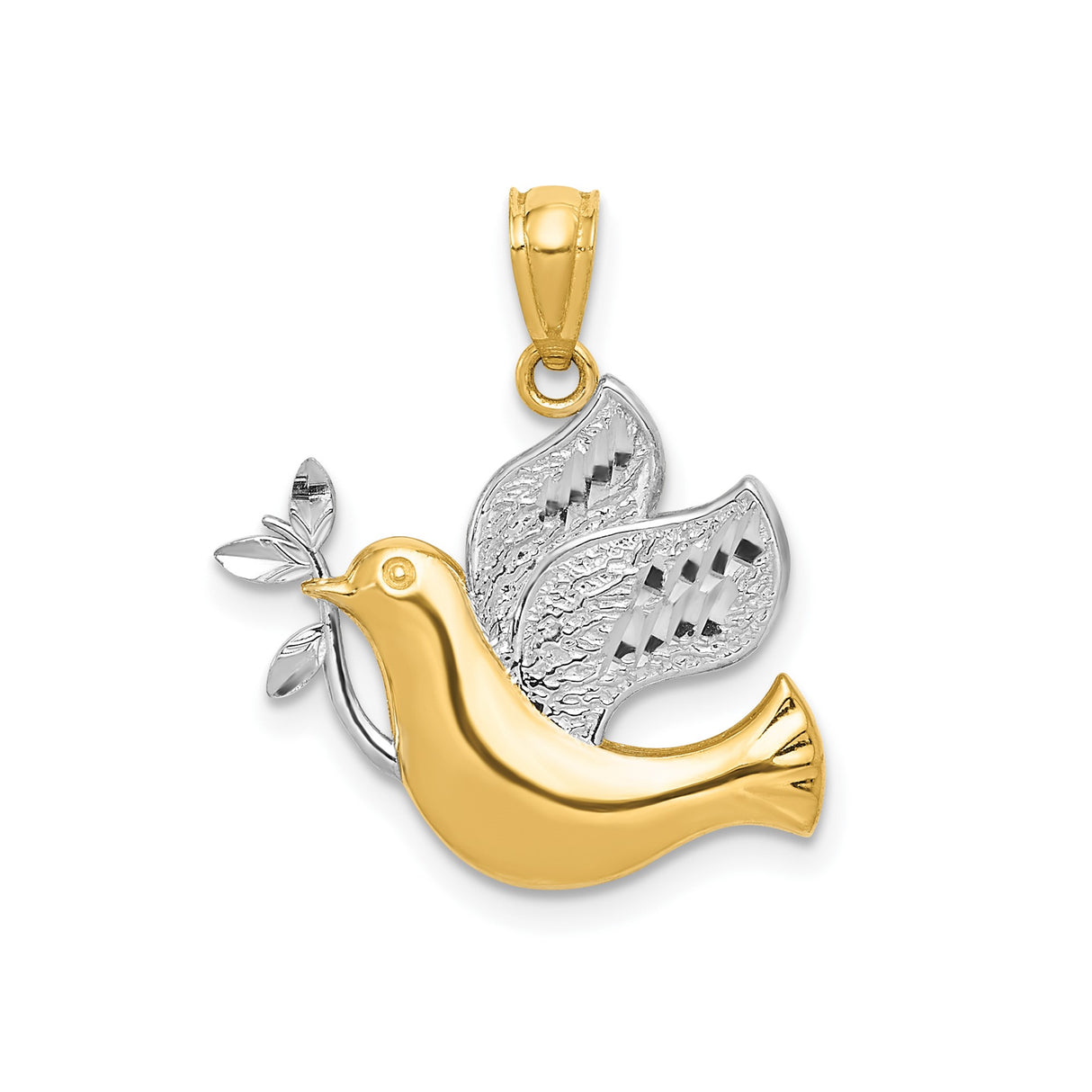 14k Two-Tone Gold Dove Pendant with Olive Branch, Religious Christian Symbol