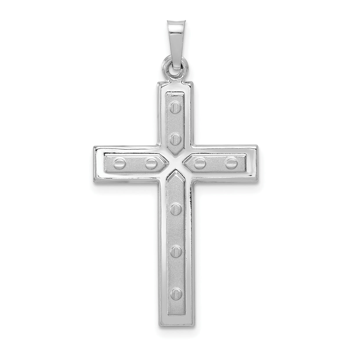 14k White Gold Cross Pendant with Rivet Detail, Industrial Christian Charm for Men