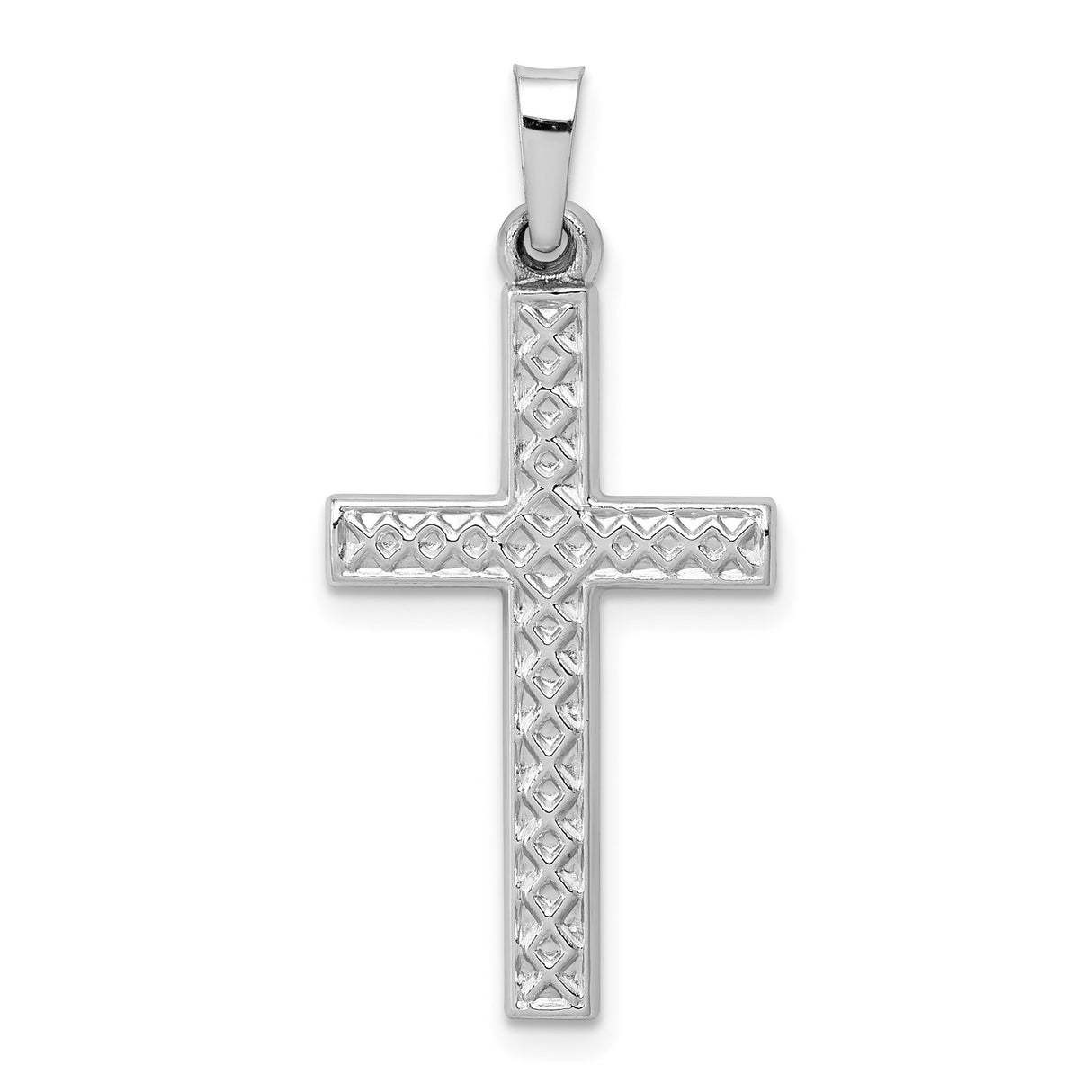 14k White Gold Cross Pendant with Textured Lattice Design, Religious Catholic Charm