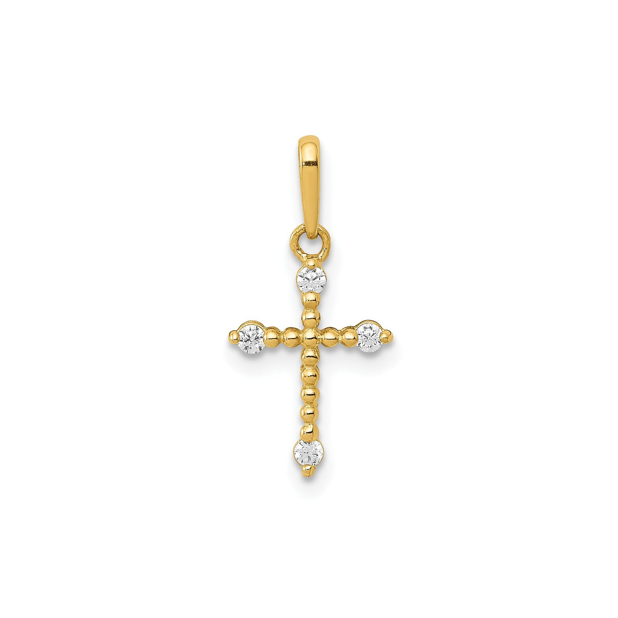 14k Yellow Gold Cross Pendant with Cubic Zirconia, Beaded Christian Jewelry for Women