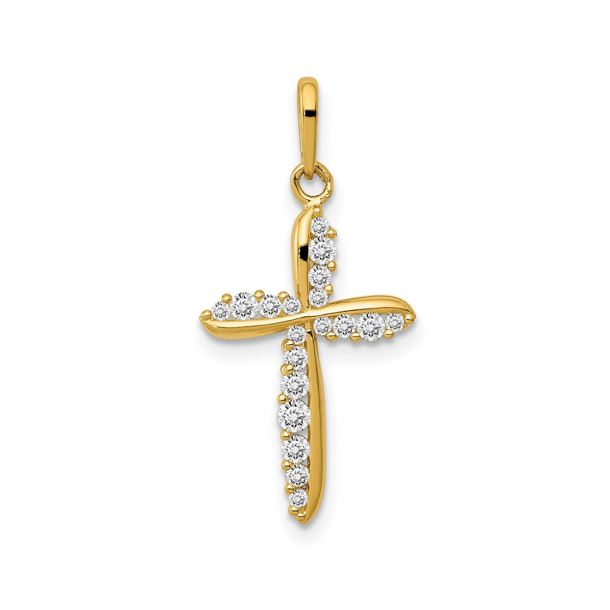 14k Yellow Gold Cross Pendant with Cubic Zirconia, Flowing Modern Design, Christian Jewelry for Women