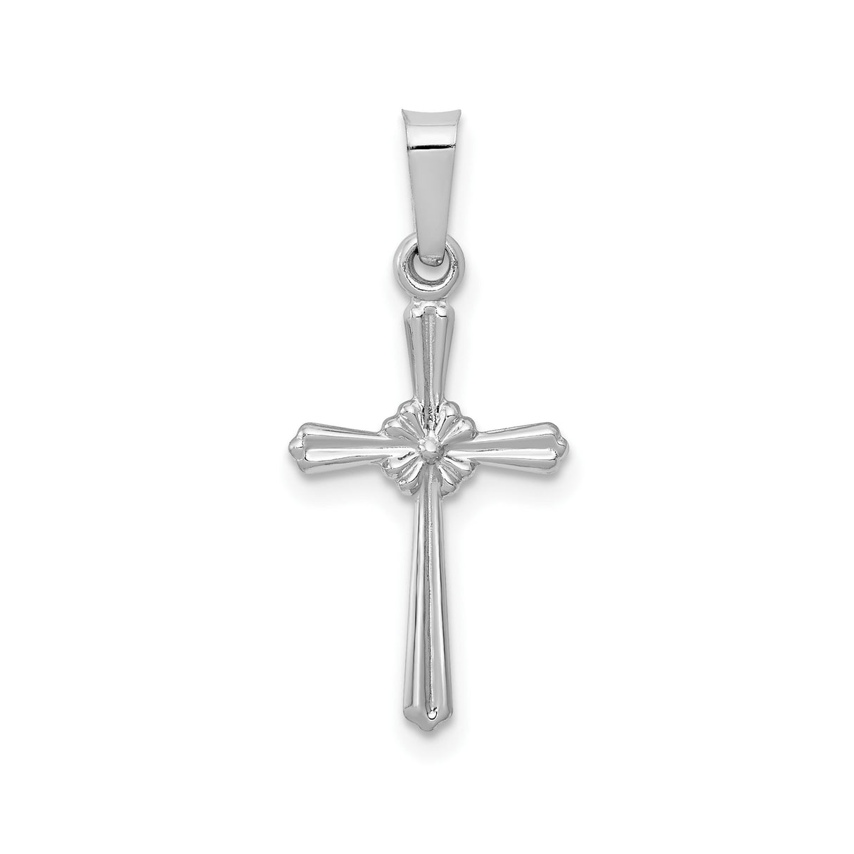 14k White Gold Flared Cross Pendant with Decorative Center, Christian Faith Jewelry