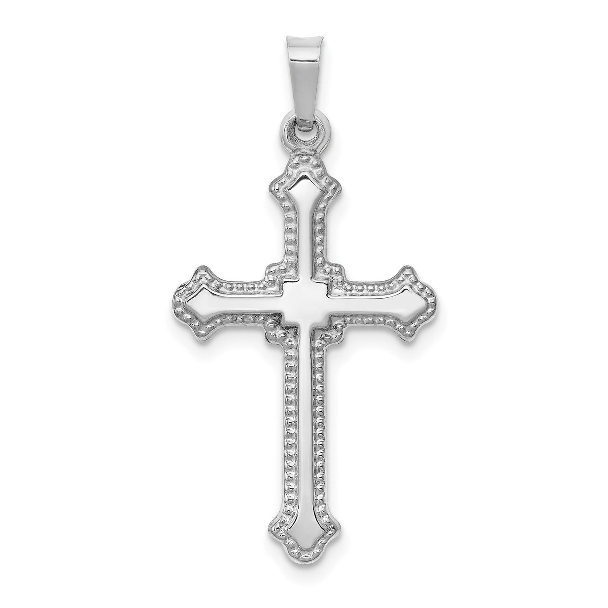 14k White Gold Cross Pendant with Ornate Border and Flared Tips for Women