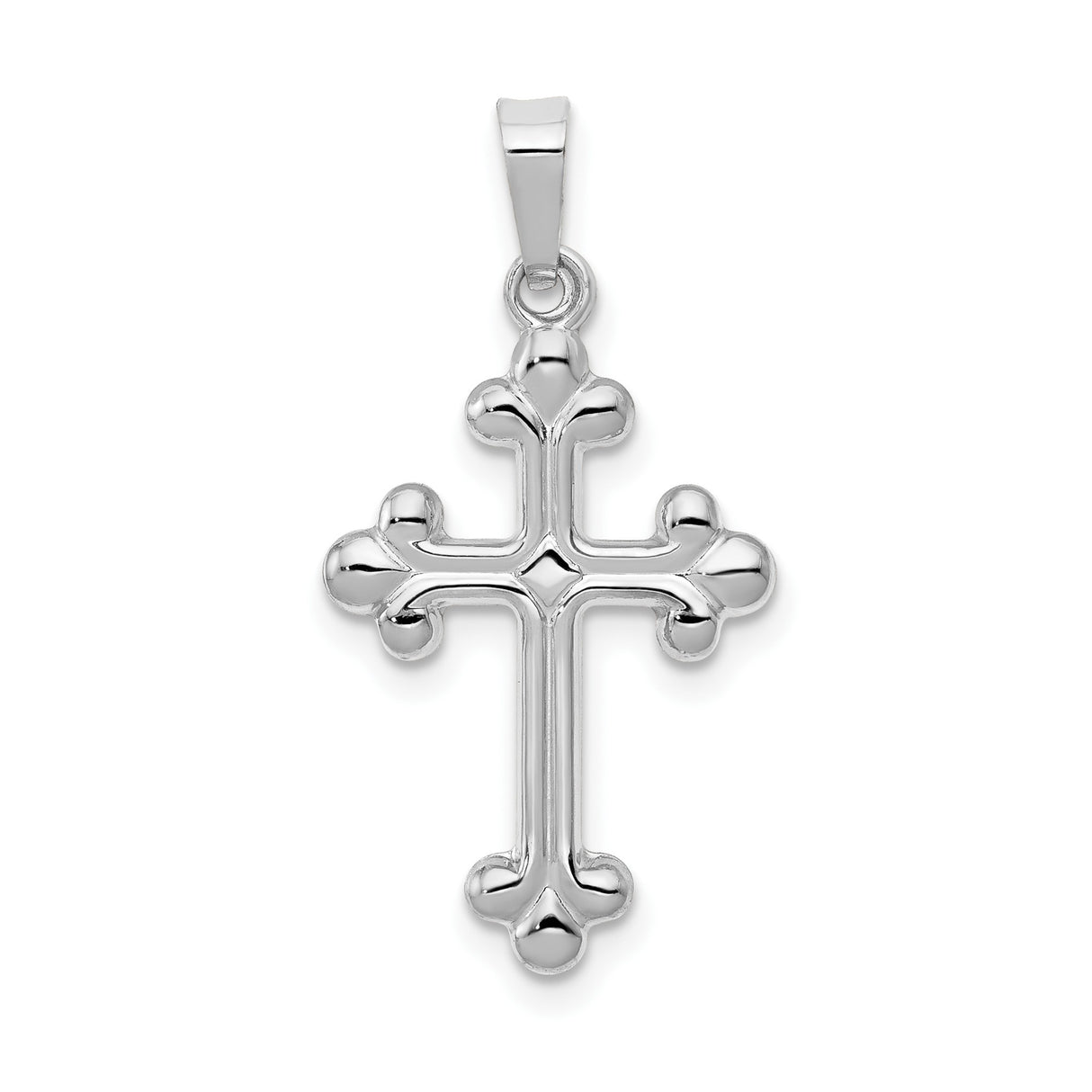 14k White Gold Budded Cross Pendant, Polished Trinity Symbol, Christian Religious Jewelry