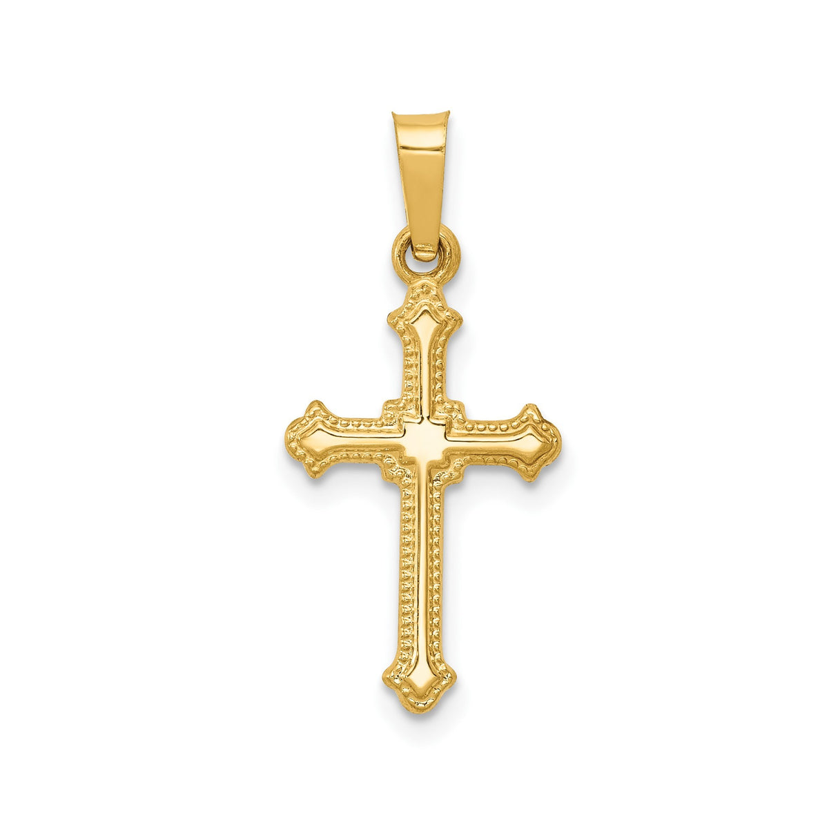 14k Yellow Gold Cross Pendant with Beveled Edges and Detailed Border, Religious Christian Charm