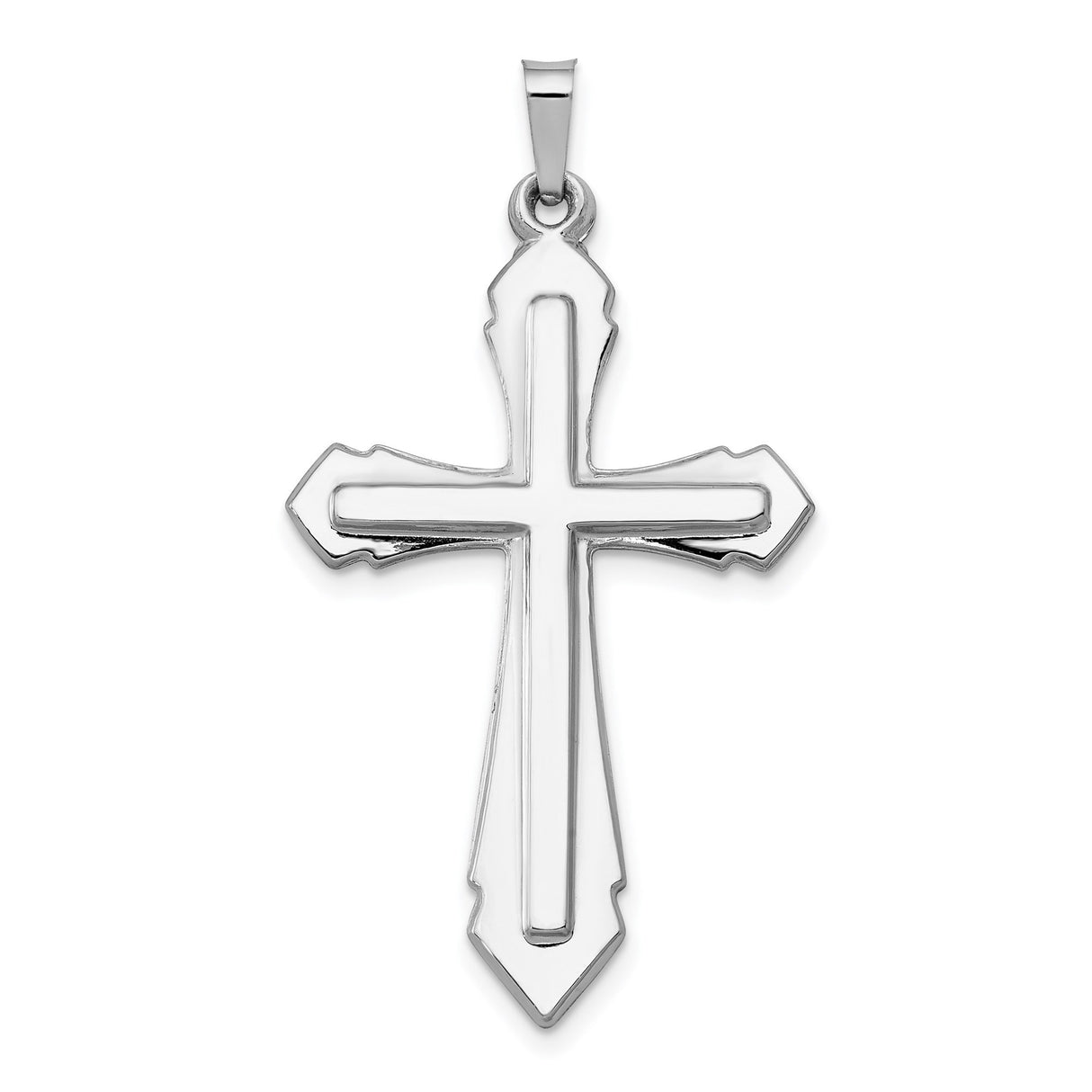 14k White Gold Cross Pendant with Beveled Ornate Design, Unisex Christian Religious Charm