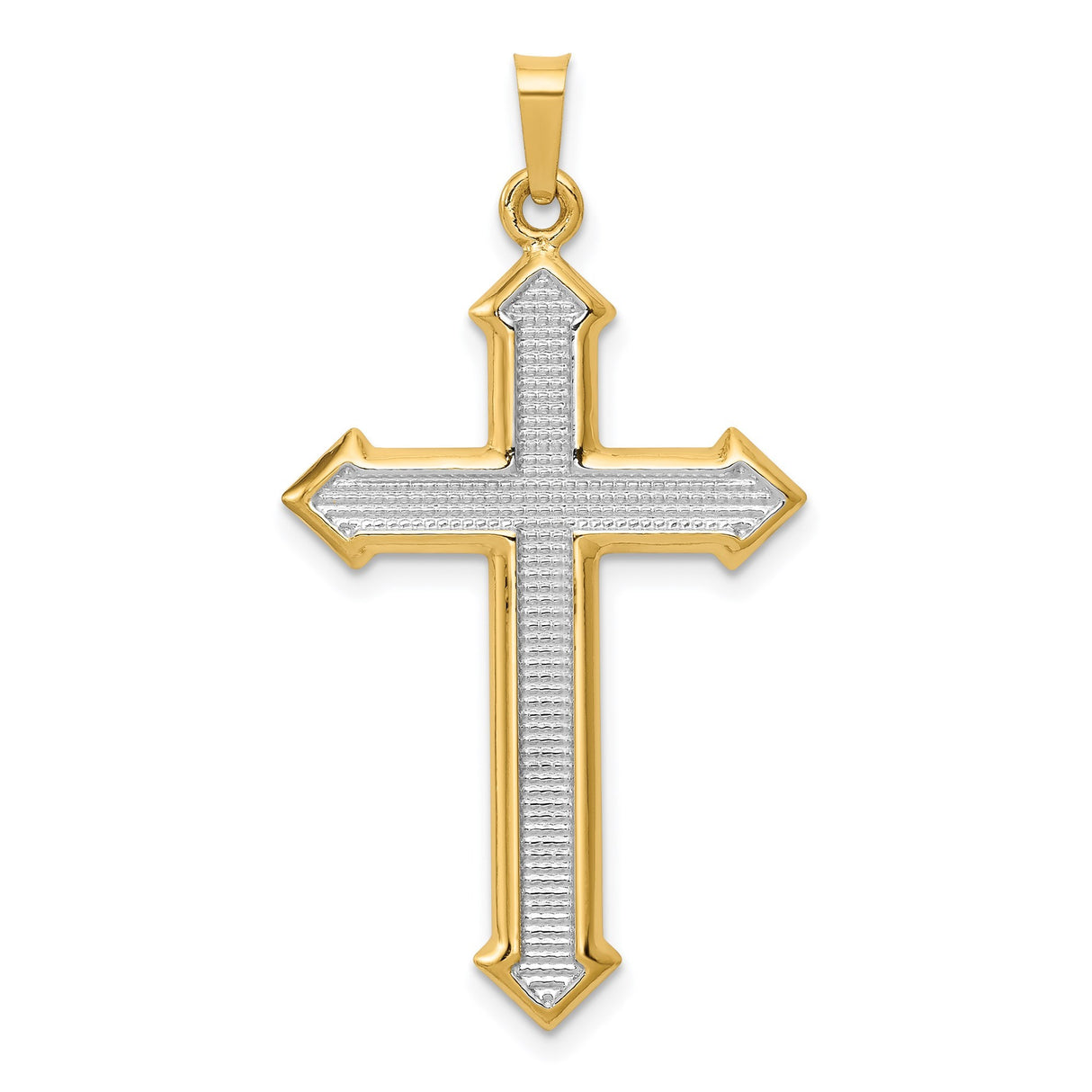 14k Multi-Tone Gold Cross Pendant with Textured Center and Pointed Tips