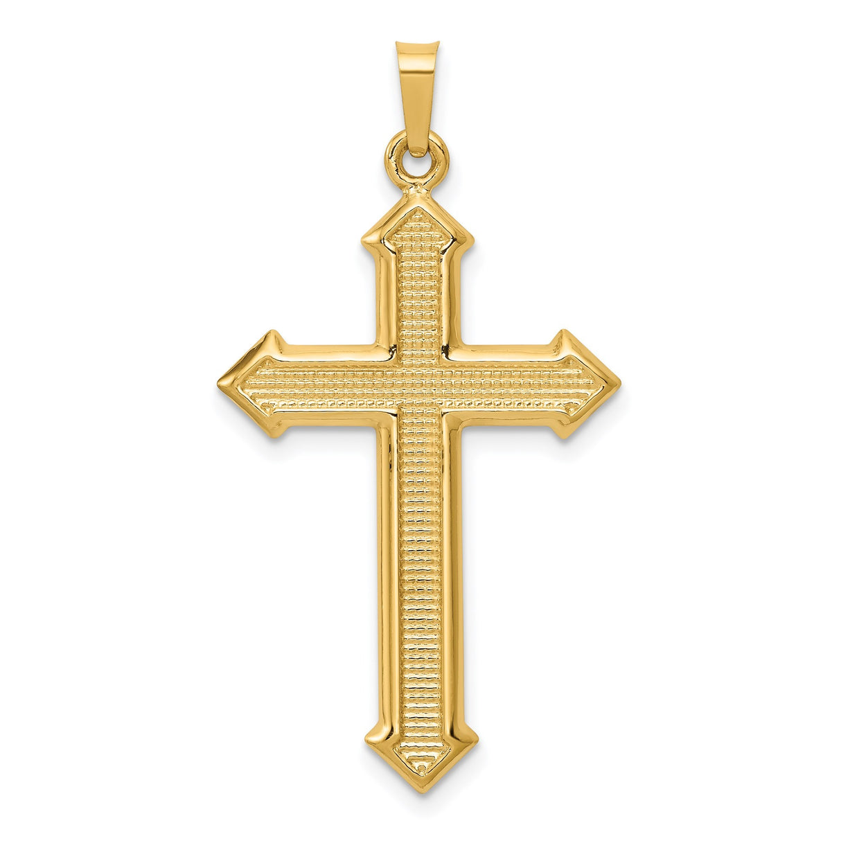 14k Yellow Gold Cross Pendant with Beveled Arrow-Tip Edges and Textured Detailing