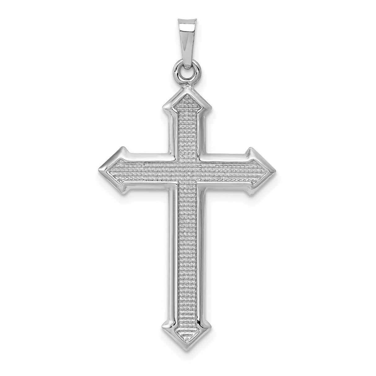 14k White Gold Cross Pendant with Textured Center and Beveled Arrow Tip Edges for Men or Unisex