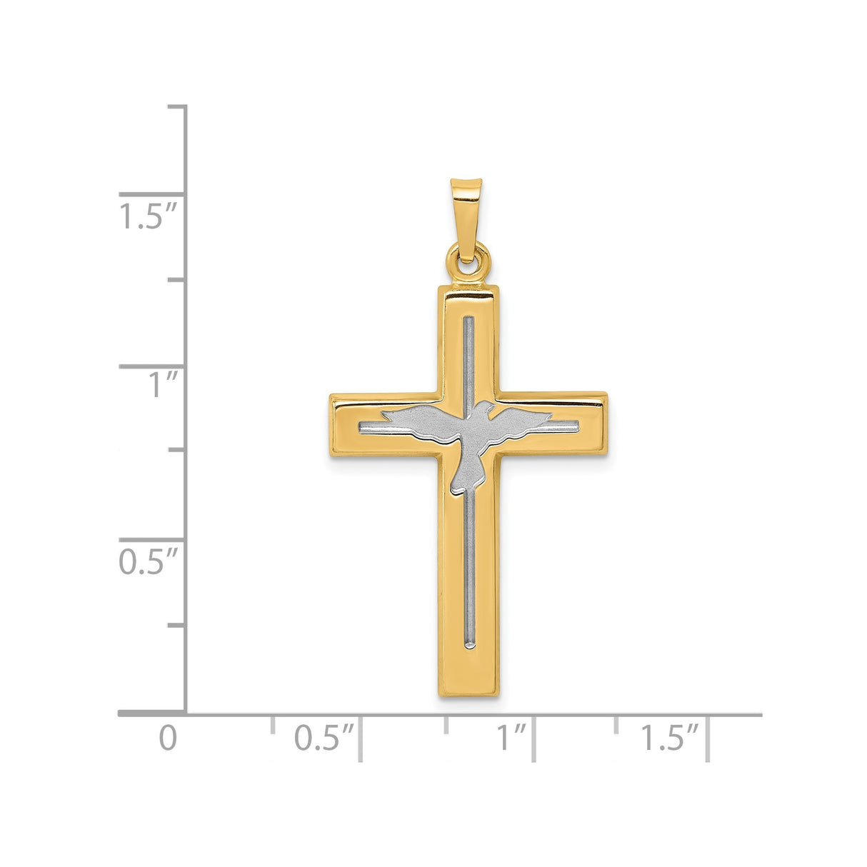 14k Yellow Gold and Rhodium Cross Pendant with Dove, Christian Holy Spirit Symbol