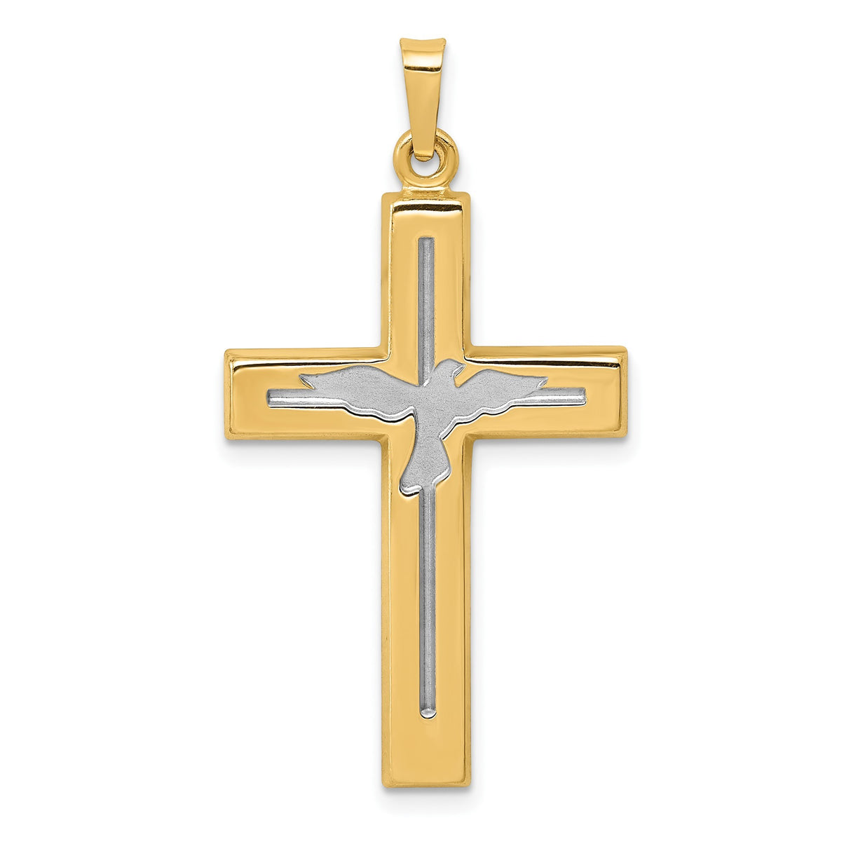 14k Yellow Gold and Rhodium Cross Pendant with Dove, Christian Holy Spirit Symbol
