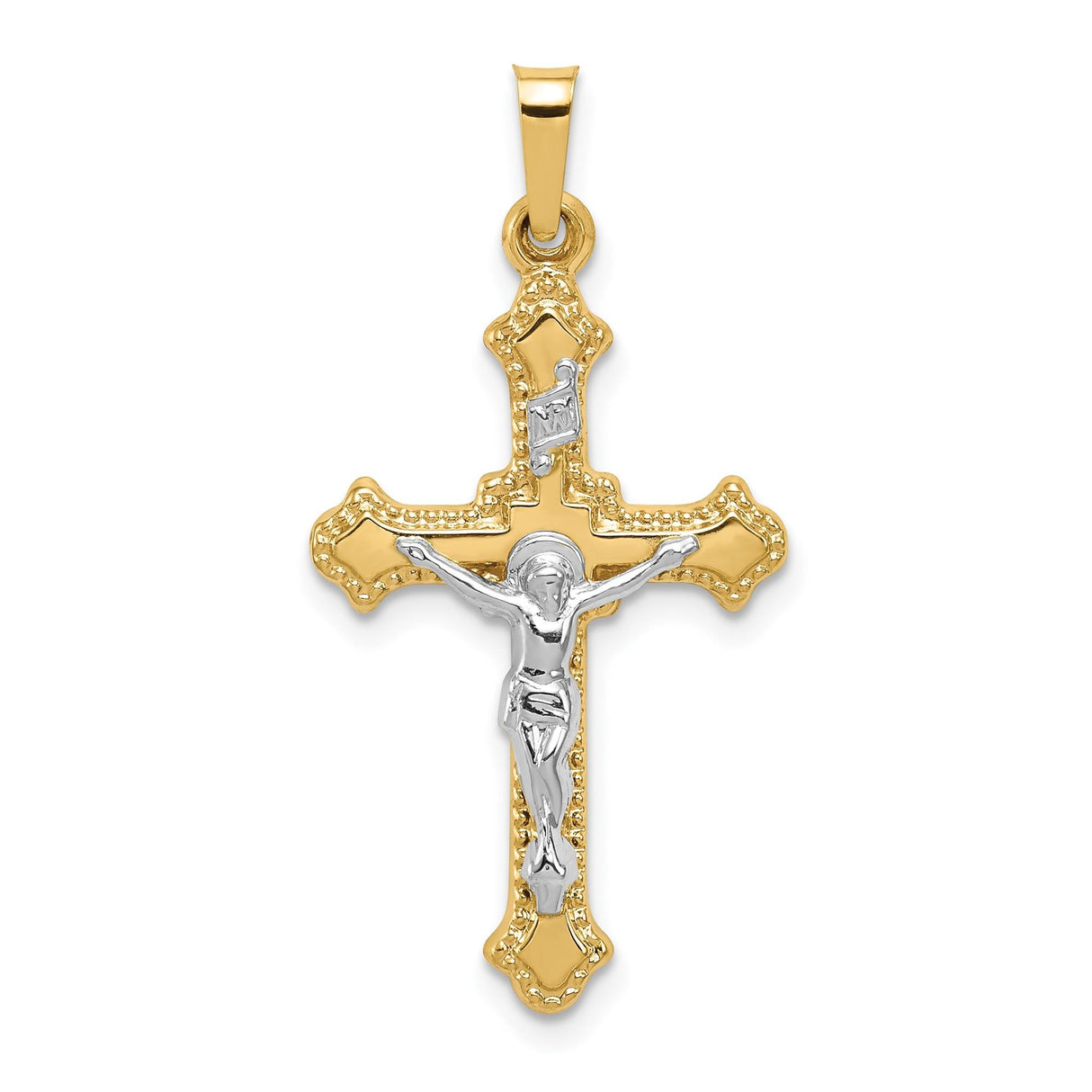 14k Multi-Tone Gold Crucifix Cross Pendant with INRI Plaque, Catholic Christian Religious Charm