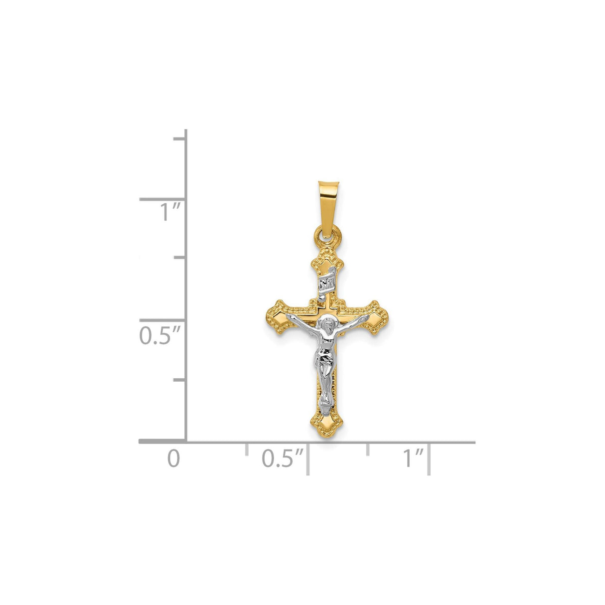 14k White and Yellow Gold Crucifix Pendant with Fleur-de-Lis Cross and INRI Design