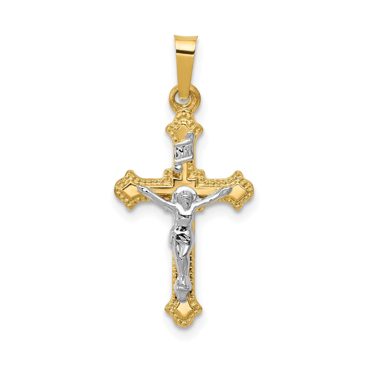 14k White and Yellow Gold Crucifix Pendant with Fleur-de-Lis Cross and INRI Design