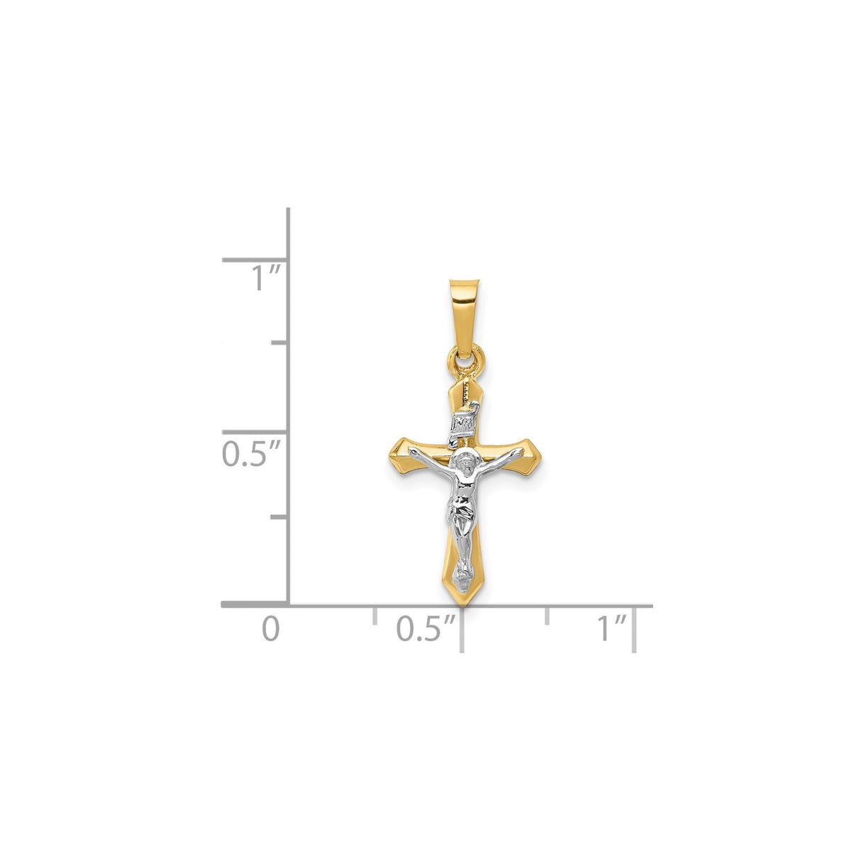 14k Two-Tone Gold Crucifix Pendant with INRI Detail and Beveled Cross Design