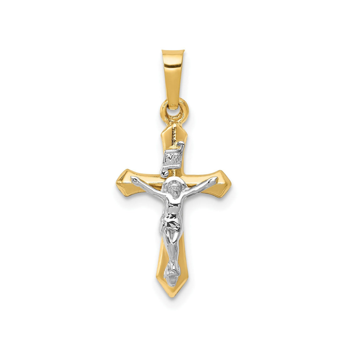 14k Two-Tone Gold Crucifix Pendant with INRI Detail and Beveled Cross Design