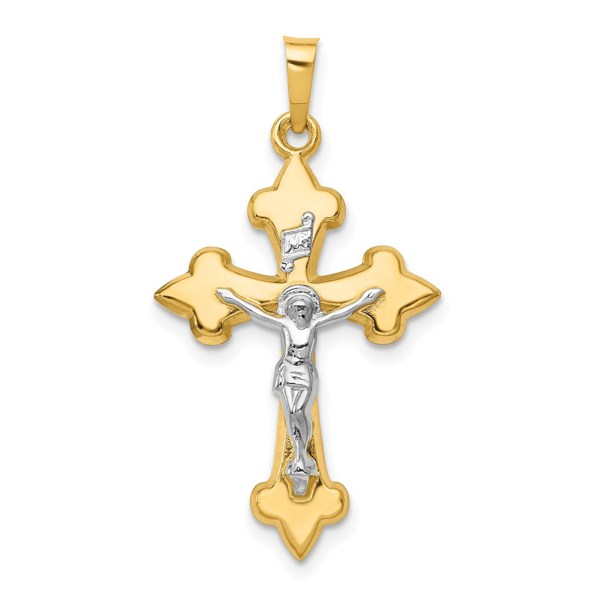 14k Multi-Tone Gold INRI Cross Pendant with Two-Tone Fleur De Lis Crucifix Design