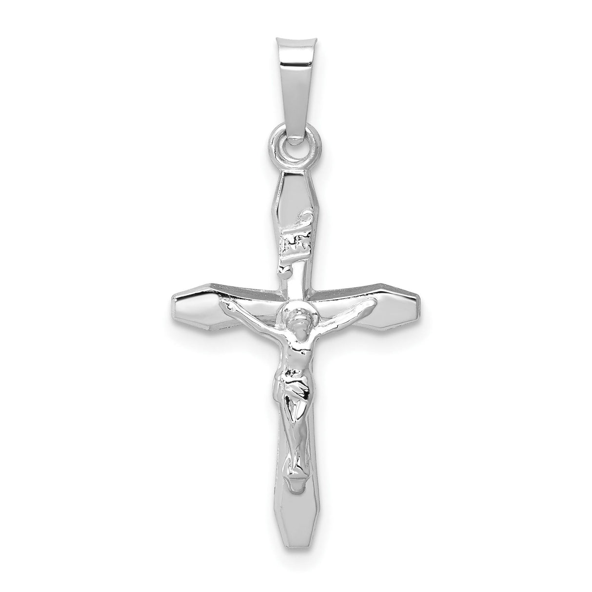 14k White Gold Crucifix Cross Pendant with INRI Latin Jesus Charm, Beveled Edges, High Polish Finish