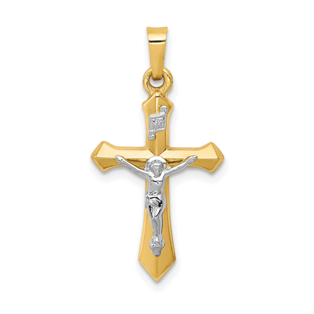 14k Multi-Tone Gold Crucifix Pendant, Polished INRI Passion Cross Christian Charm