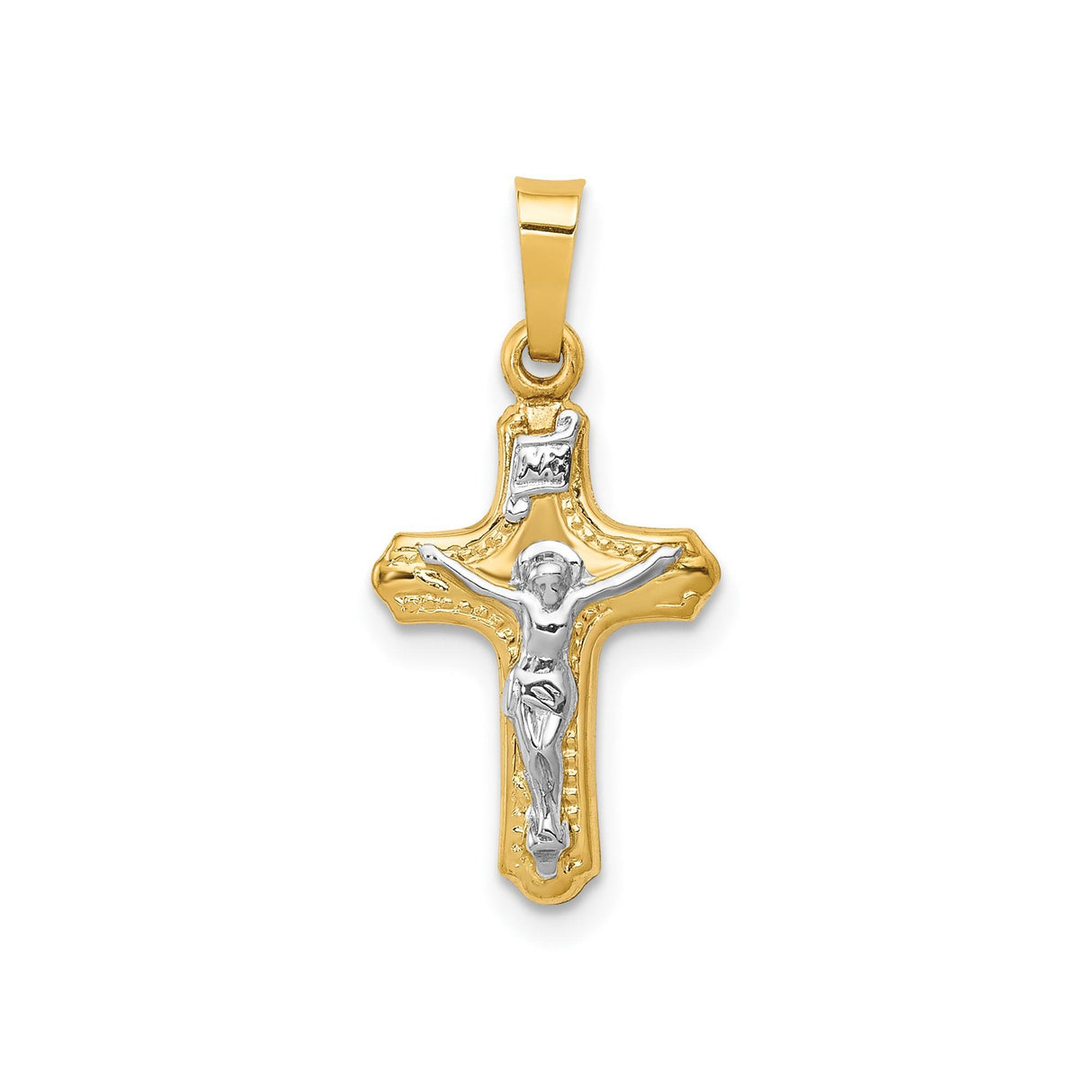 14k Two-Tone Gold Crucifix Cross Pendant with INRI Figure, Polished and Textured Finish