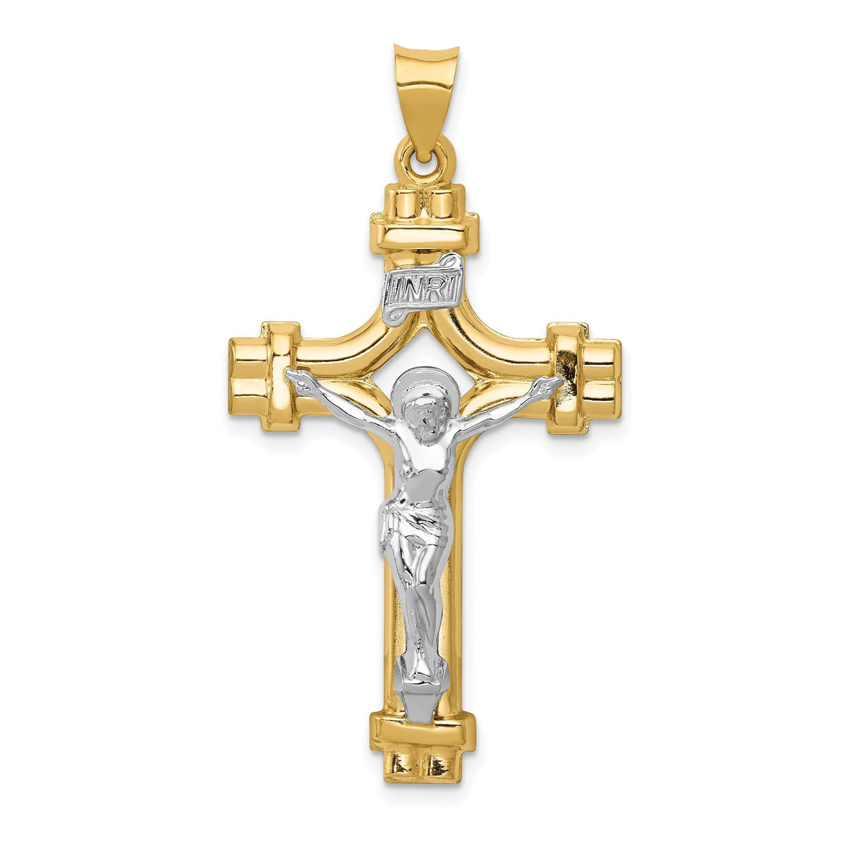 14k Multi-Tone Gold Crucifix INRI Pendant with Jesus Figure, Christian Religious Symbol