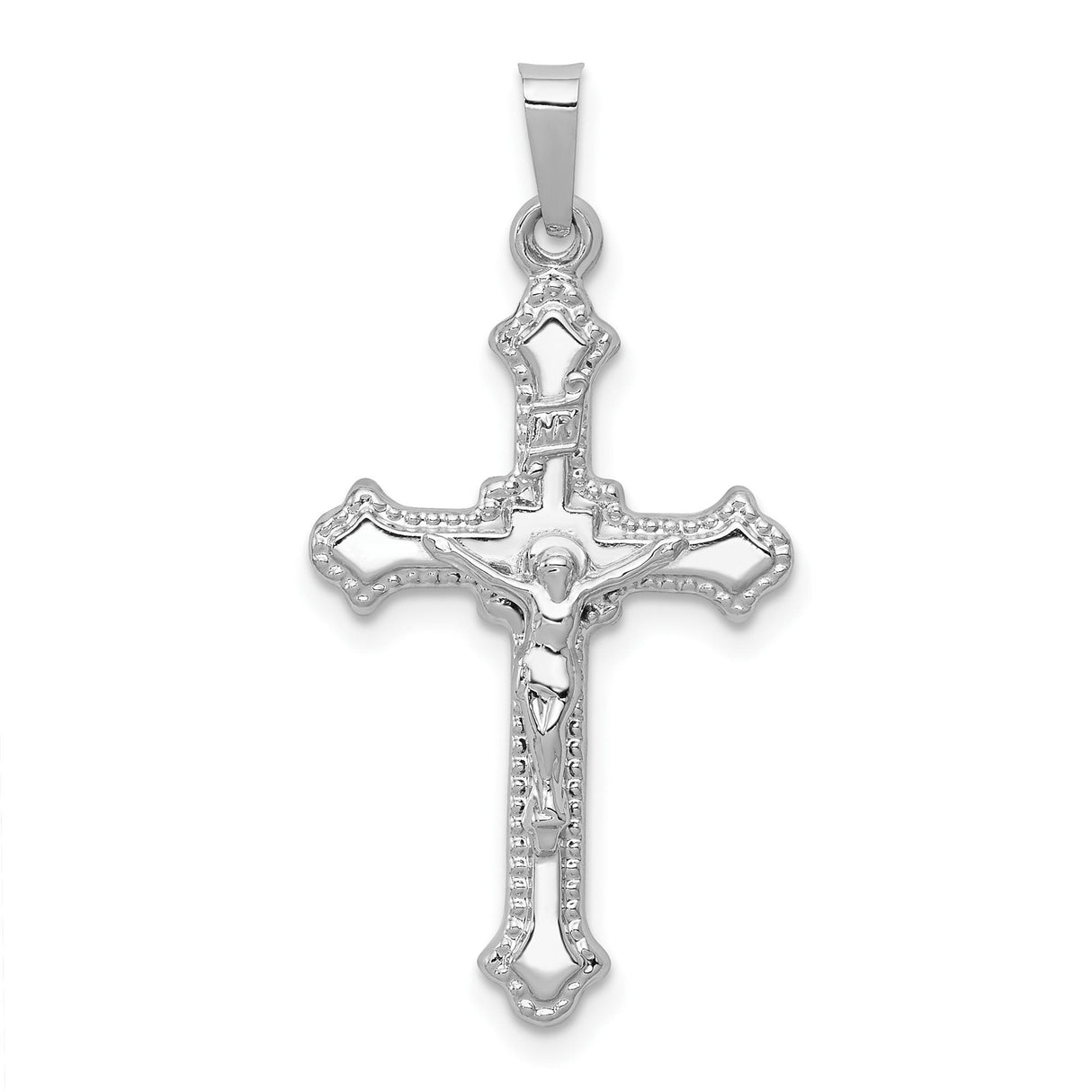 14k White Gold Patonce Crucifix Pendant with INRI Jesus Figure, Christian Religious Charm