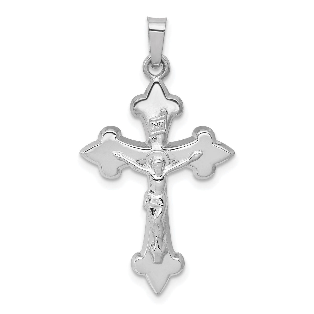 14k White Gold Crucifix Pendant with INRI and Fleur de Lis Cross Charm