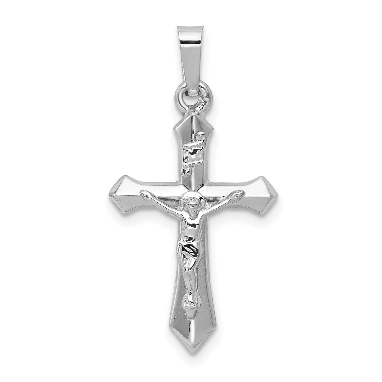 14k White Gold Crucifix Pendant with INRI Design and Beveled Edges for Men and Women