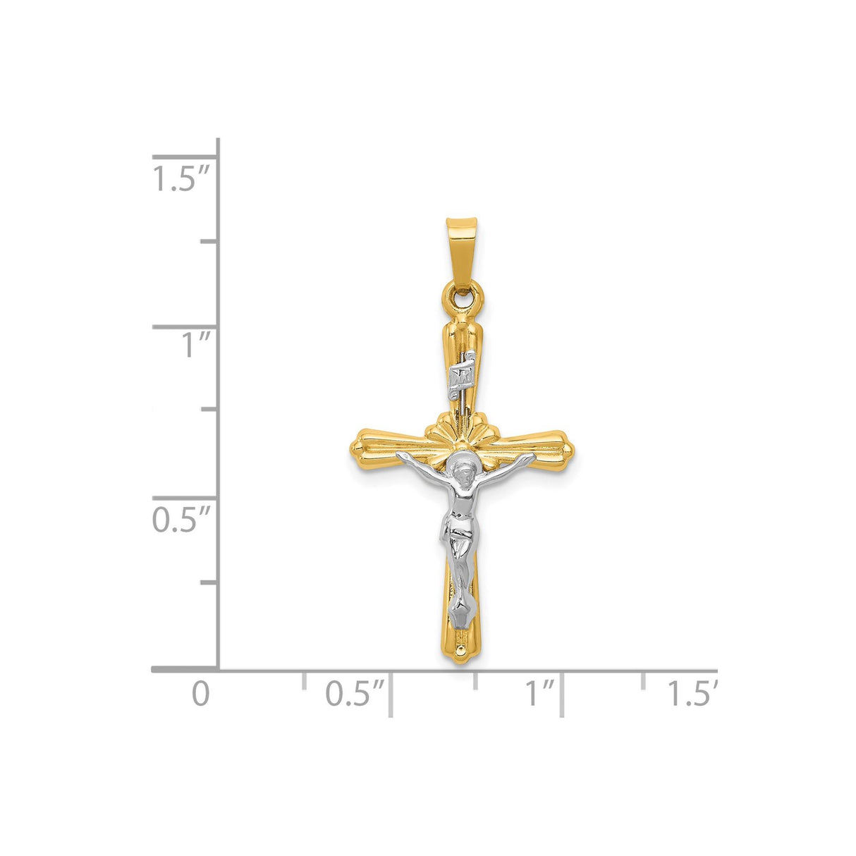 14k Two-Tone Gold Budded Crucifix Pendant with INRI, Latin Cross Christian Jewelry