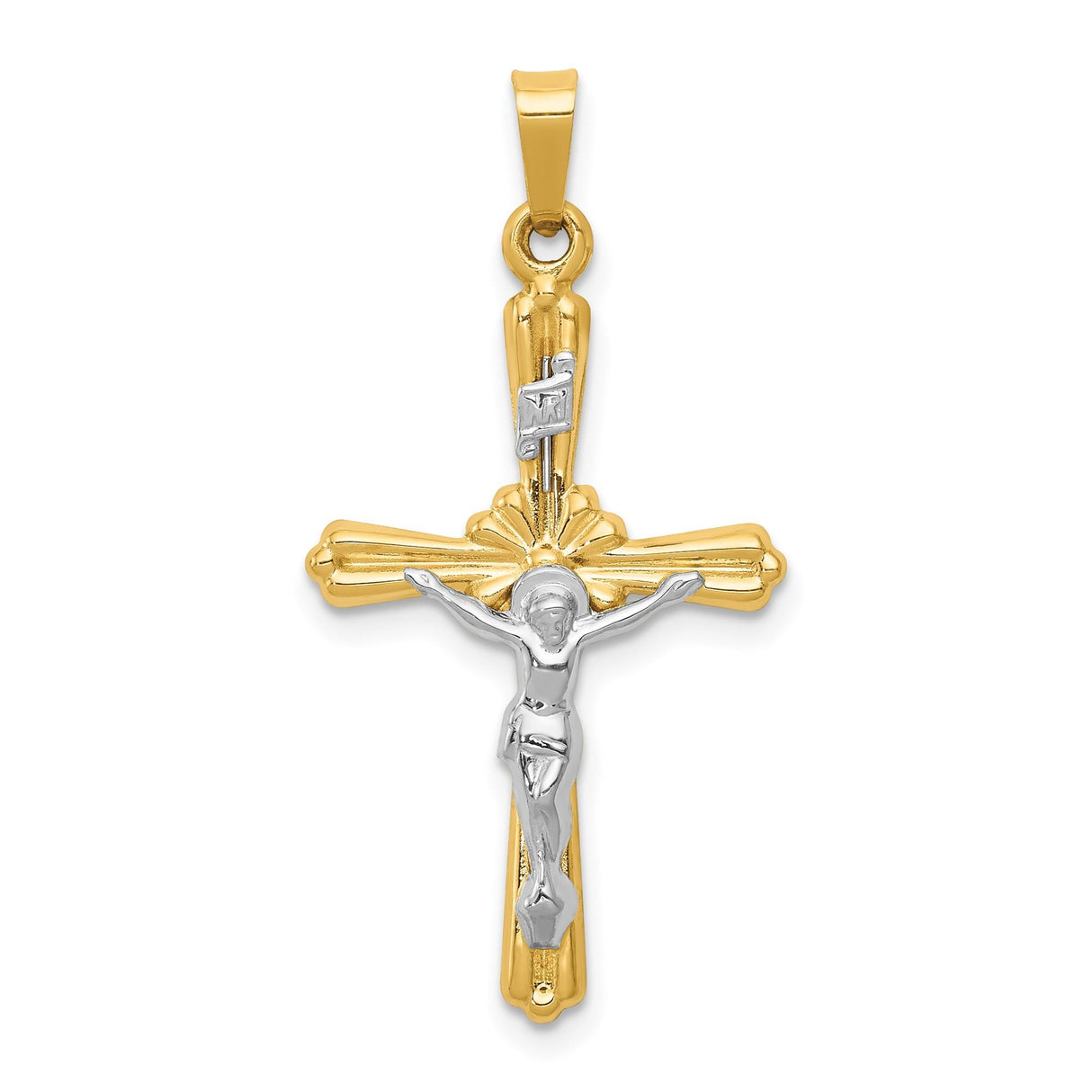 14k Two-Tone Gold Budded Crucifix Pendant with INRI, Latin Cross Christian Jewelry