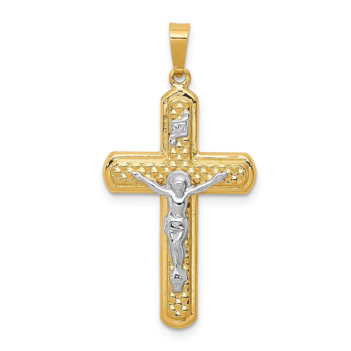 14k Two-Tone Gold Crucifix Cross Pendant, INRI Latin Cross Religious Charm for Men and Women