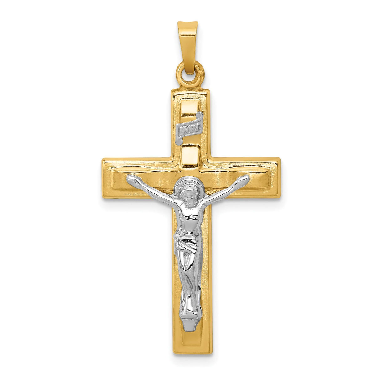 14k Multi-Tone Gold Latin Crucifix Pendant, INRI Beveled Cross Jesus Charm for Men and Women