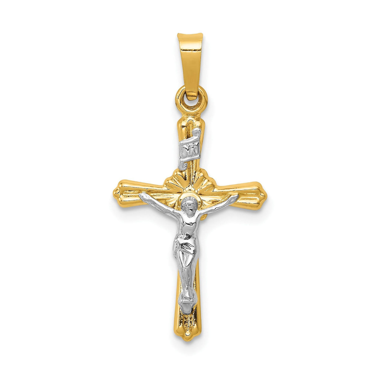 14k Two-Tone Gold Crucifix Pendant with INRI Jesus Figure, Catholic Religious Charm