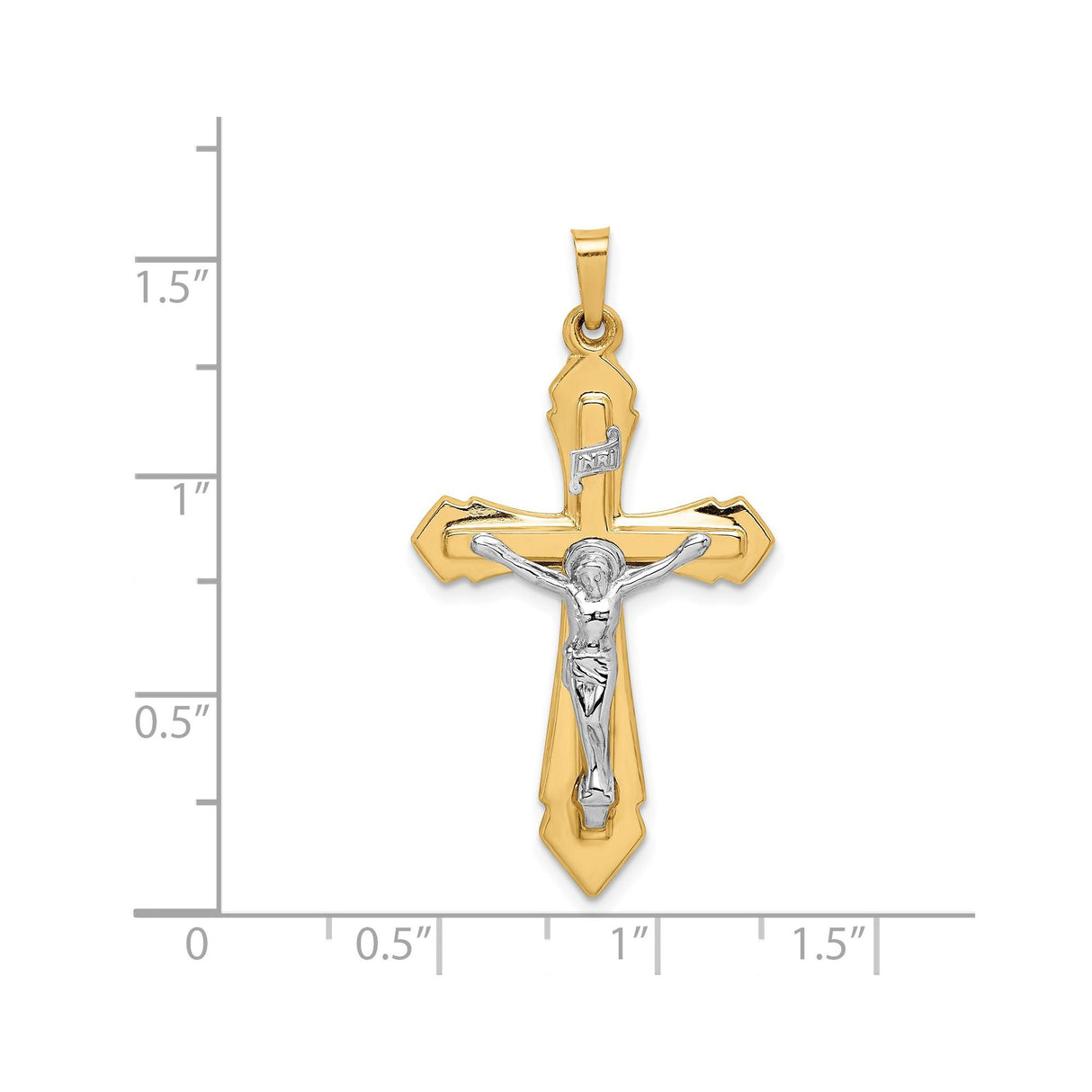 14k Yellow and White Gold Crucifix Pendant with INRI and Christ Figure Religious Charm