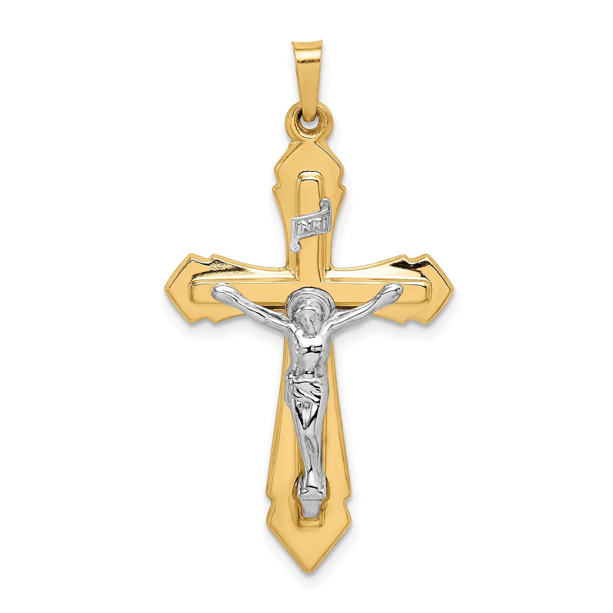 14k Yellow and White Gold Crucifix Pendant with INRI and Christ Figure Religious Charm