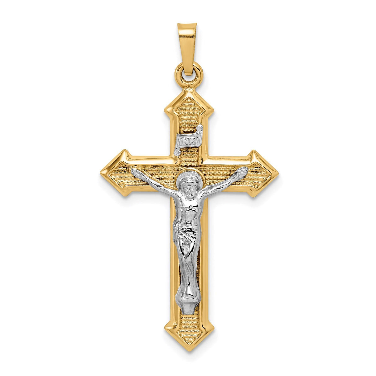 14k Multi-Tone Gold Crucifix Cross Pendant with INRI and Jesus Figure Christian Charm