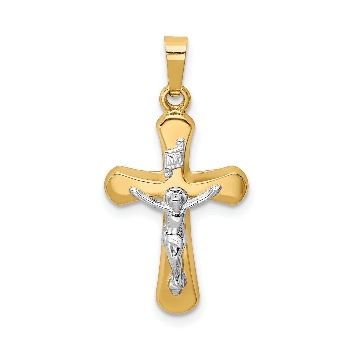 14k Two-Tone Gold Crucifix Pendant with Polished Cross and White Gold Jesus Figure