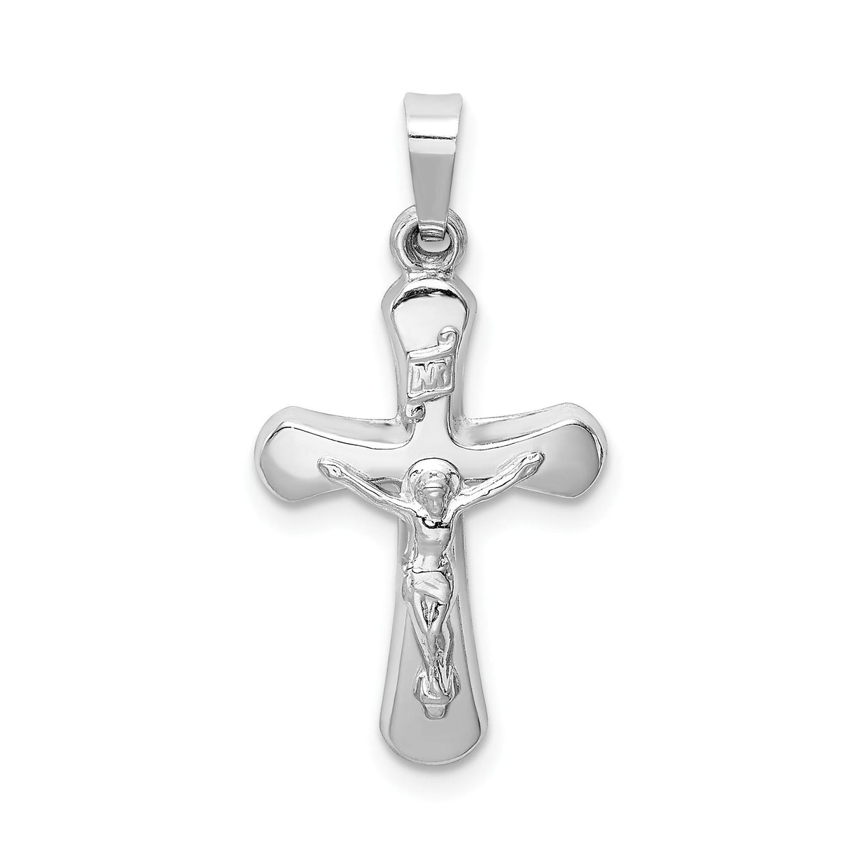14k White Gold Latin Crucifix Pendant with Polished Rounded Edges and INRI Cross Charm